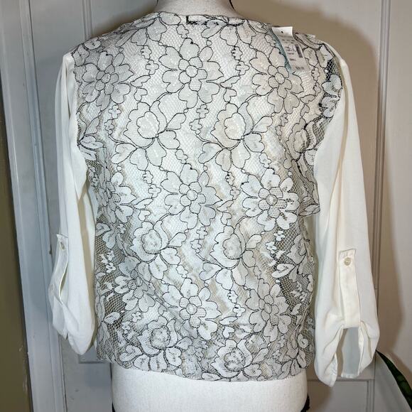 NWT Maurices White Chiffon Drape Front Blouse Lace Back Long Sleeve Size Small - Picture 2 of 9